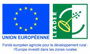 Ensemble en format paysage. logo carré du programme LEADER à droite une graine jaune et une plantule verte. Logo paysage de l'Union européenne à gauche 12 étoiles jaunes sur fond bleu. Texte en bleu sur fond blanc Fonds européen agricole pour le développement rural : L'Europe investit dans les zones rurales.