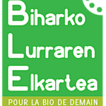 logo de BLE la CIVAM du Pays basque. Texte en blanc sur fond vert clair. En Basque Biharko Lurraren Elkartea. En français pour la bio de demain