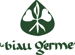 Logo du semencier BIAUGERME texte le biau germe en vert foncé sur fond blanc. Illustration au dessus en forme de plantule stylisé blanche dans une goutte vert foncé.
