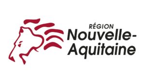 Logo paysage sur fond blanc de la région Nouvelle Aquitaine. Texte région nouvelle aquitaine en noir à droite. Tête de cheval stylisé rouge à gauche