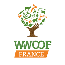 logo woofing France une main en forme d'arbre jonglant des images agricoles (animaux, plantes, outils)