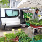 Photo du stand de vente du GAEC ANCIA au marché de Mauléon. Un des associés devant les tréteaux sous le barnum devant le camion et la banderole de promotion.